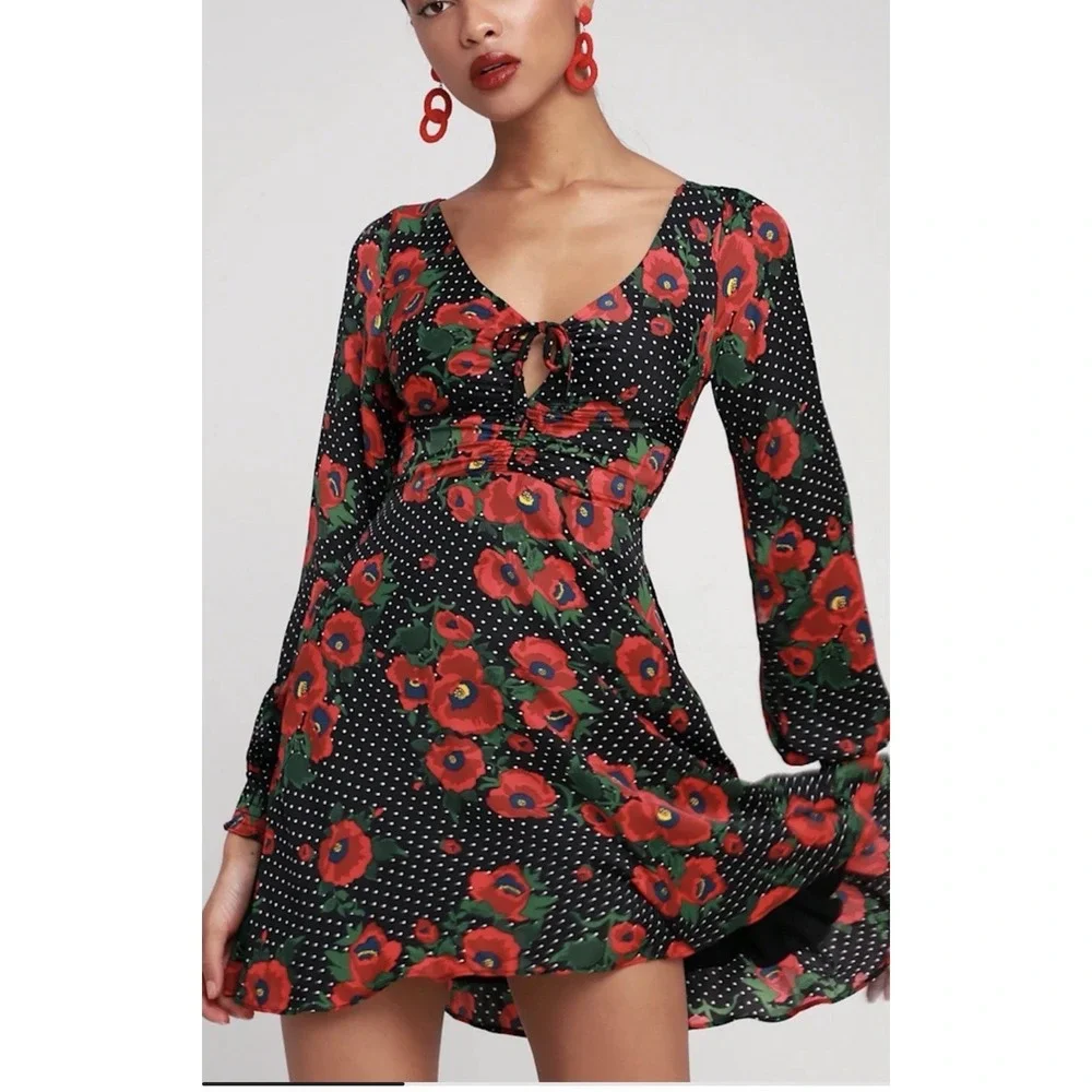 Free People Black Red Floral Mini Dress Balloon Sleeve Peasant Fairy Western